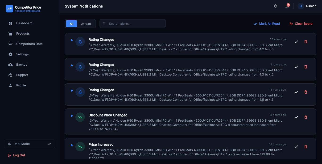 Competitor Price Tracker notification settings and a desktop price change alert